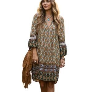 Umgee Aztec Border Dress Womens Large Multicolor Mixed Print Bell Sleeve Boho